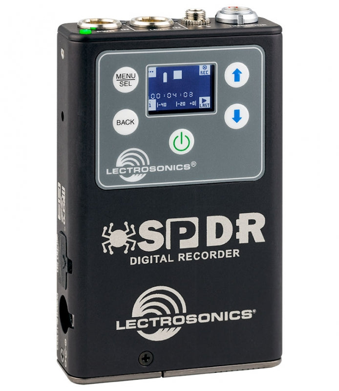 Black Lectrosonics SPDR digital recorder with buttons, small screen, and connectors on top.