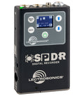 Black Lectrosonics SPDR digital recorder with buttons, small screen, and connectors on top.