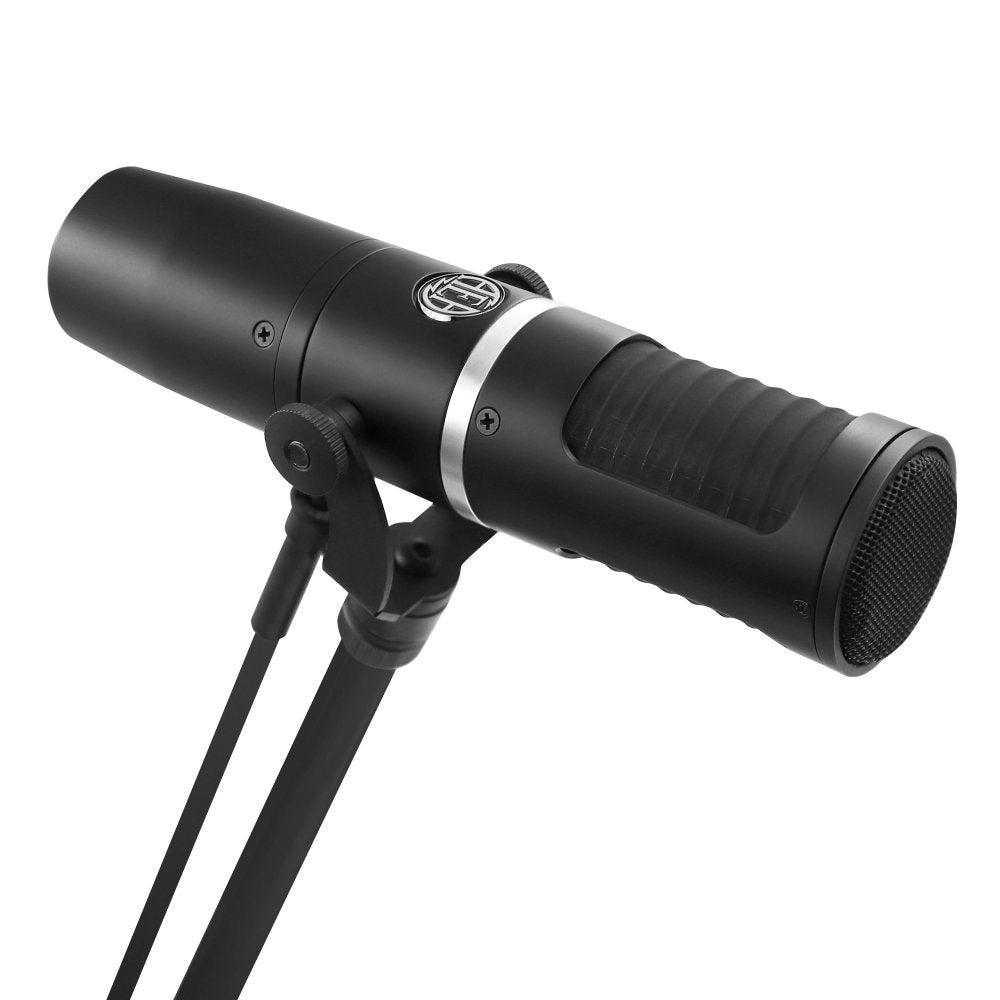 Black cylindrical microphone mounted on a black adjustable stand with a silver ring near the top.