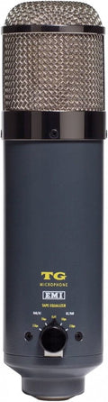 Front view of a black studio microphone with a metal mesh grille and a rotary knob labeled for tape equalizer settings.
