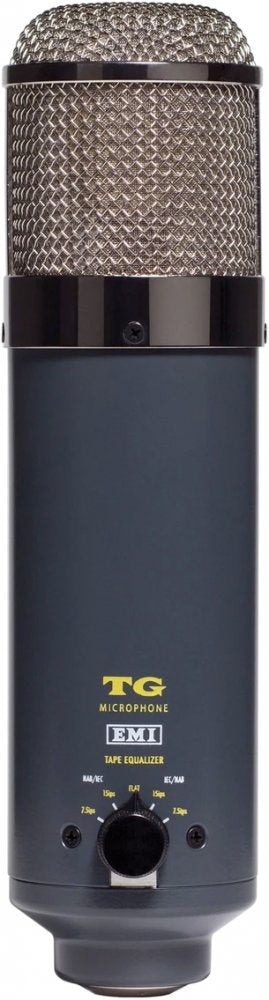 Front view of a black studio microphone with a metal mesh grille and a rotary knob labeled for tape equalizer settings.
