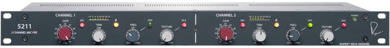 Black rackmount 2-channel mic preamplifier with knobs, switches, and indicator lights from Rupert Neve Designs.
