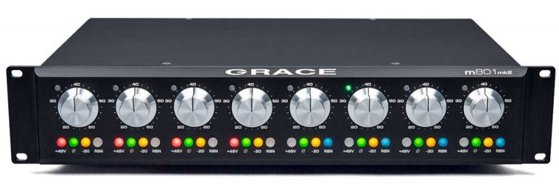 Front panel of a Grace Design m801 mk2 audio device with eight rotary knobs and status indicator LEDs.