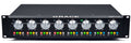 Front panel of a Grace Design m801 mk2 audio device with eight rotary knobs and status indicator LEDs.