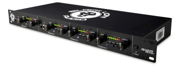 Black Lion Audio 4-channel rack-mount audio interface or preamp with gain and output controls and LED meters.