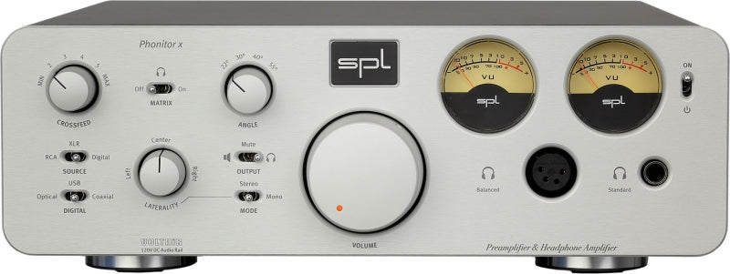 Silver SPL Phonitor x preamplifier and headphone amplifier with control knobs, switches, VU meters, and headphone outputs.