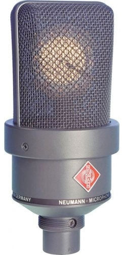 Gray metal studio microphone with a mesh grille and XLR-style connector at the bottom