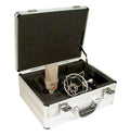 Silver microphone and shock mount inside an open silver carrying case with foam padding.