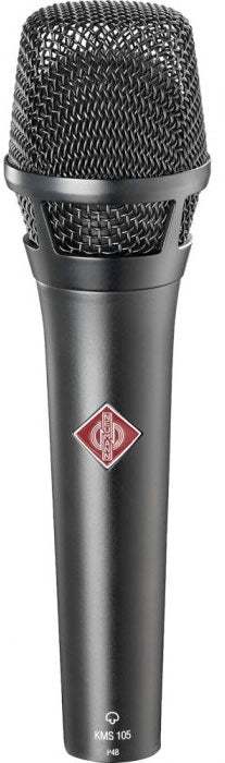 Black handheld microphone with metal mesh grille and Neumann logo on the handle.