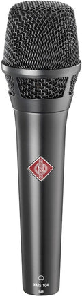 Black handheld microphone with metal mesh grille and red and white Neumann logo on body.