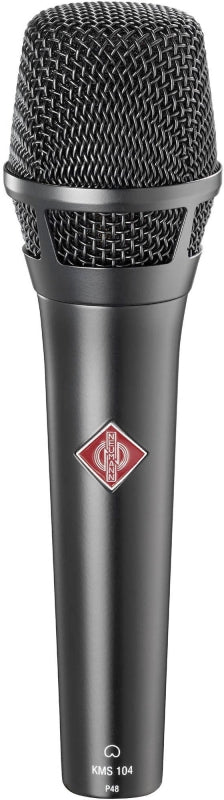 Black handheld microphone with metal mesh grille and red and white Neumann logo on body.