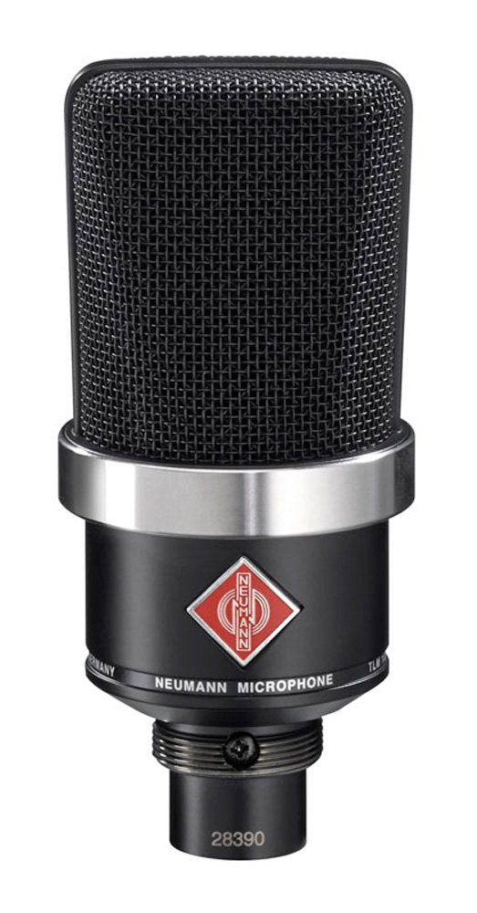 Black and silver studio microphone with a mesh grille and Neumann logo on the body.