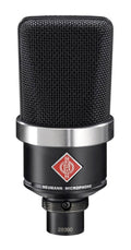 Black and silver studio microphone with a mesh grille and Neumann logo on the body.