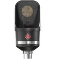 Front view of a black studio microphone with metal mesh grille and red logo badge