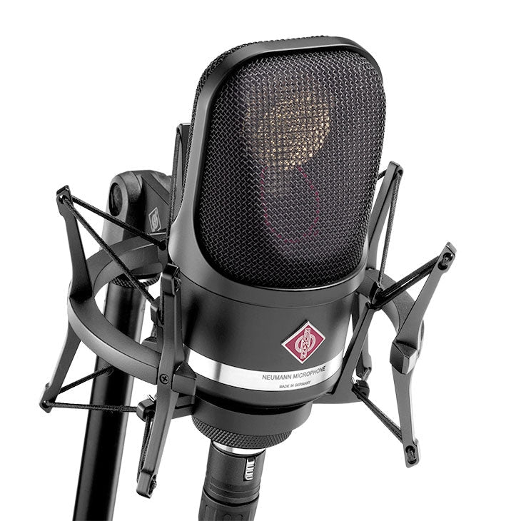 Black Neumann studio microphone with shock mount and XLR connector shown up close.