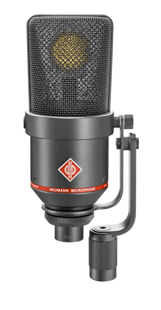 Black Neumann microphone with a red band, mesh grille, and rotational mount clamp