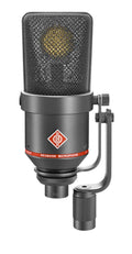 Black Neumann microphone with a red band, mesh grille, and rotational mount clamp
