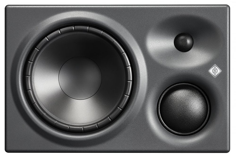 Front view of a black studio monitor speaker with three speaker components and a small logo on the right side.