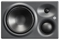 Front view of a black studio monitor speaker with three speaker components and a small logo on the right side.