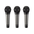 Three black and dark gray microphones with mesh heads and metal bodies.