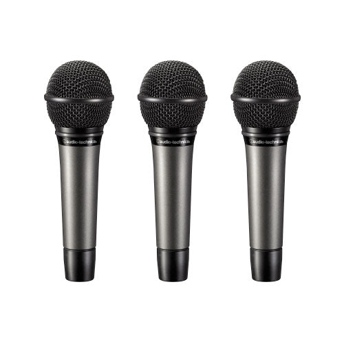 Three black and dark gray microphones with mesh heads and metal bodies.