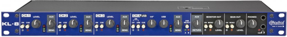 Front view of a Radial KL-8 audio mixer with multiple channels and various input/output connectors.