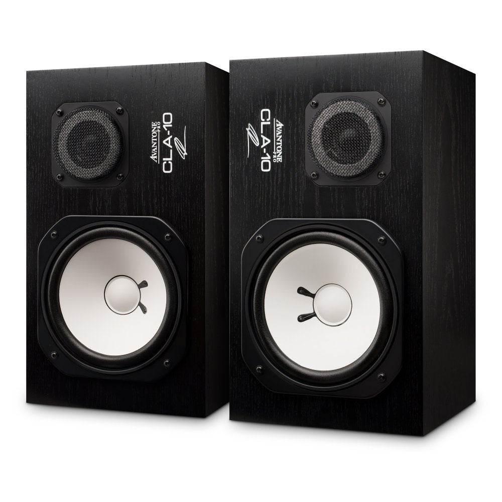 Pair of black rectangular speakers with white drivers and fine mesh covers on the tweeters.