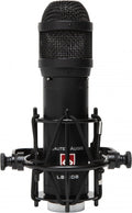 Black microphone with protective metal mesh grille and shock mount, labeled Lauten Audio LS-208.