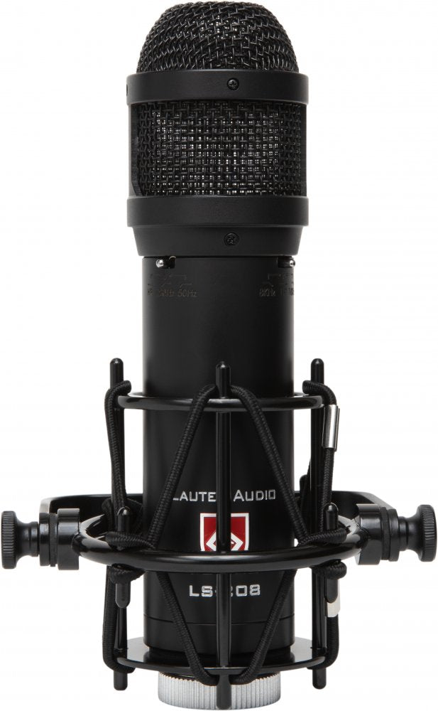 Black microphone with protective metal mesh grille and shock mount, labeled Lauten Audio LS-208.