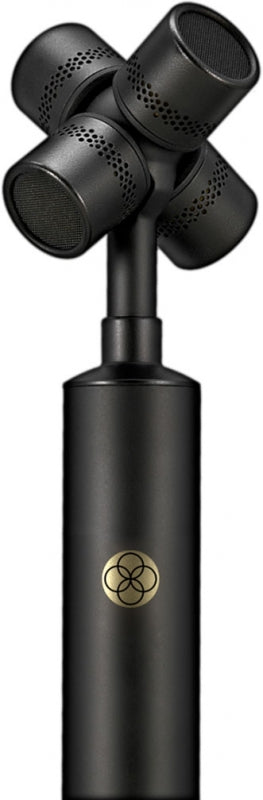 Black multi-capsule microphone with four cylindrical heads arranged around a central stem and a gold circular logo on the body.