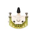 Close-up of a metal and circuit board toggle switch with six solder lugs and a black plastic lever.