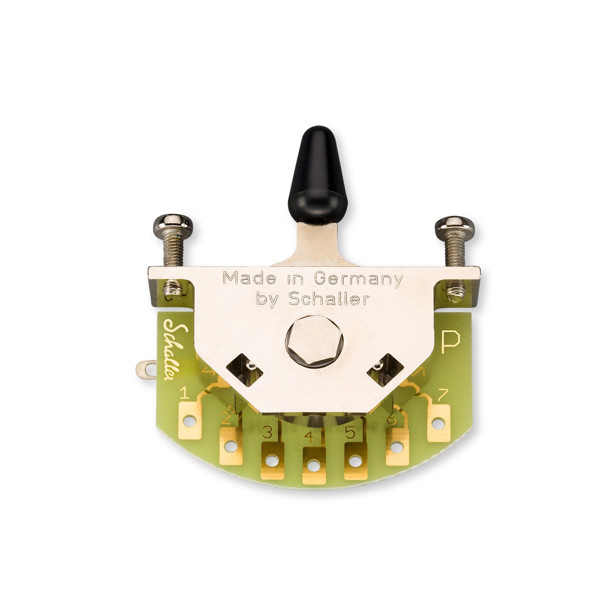 Close-up of a metal and circuit board toggle switch with six solder lugs and a black plastic lever.