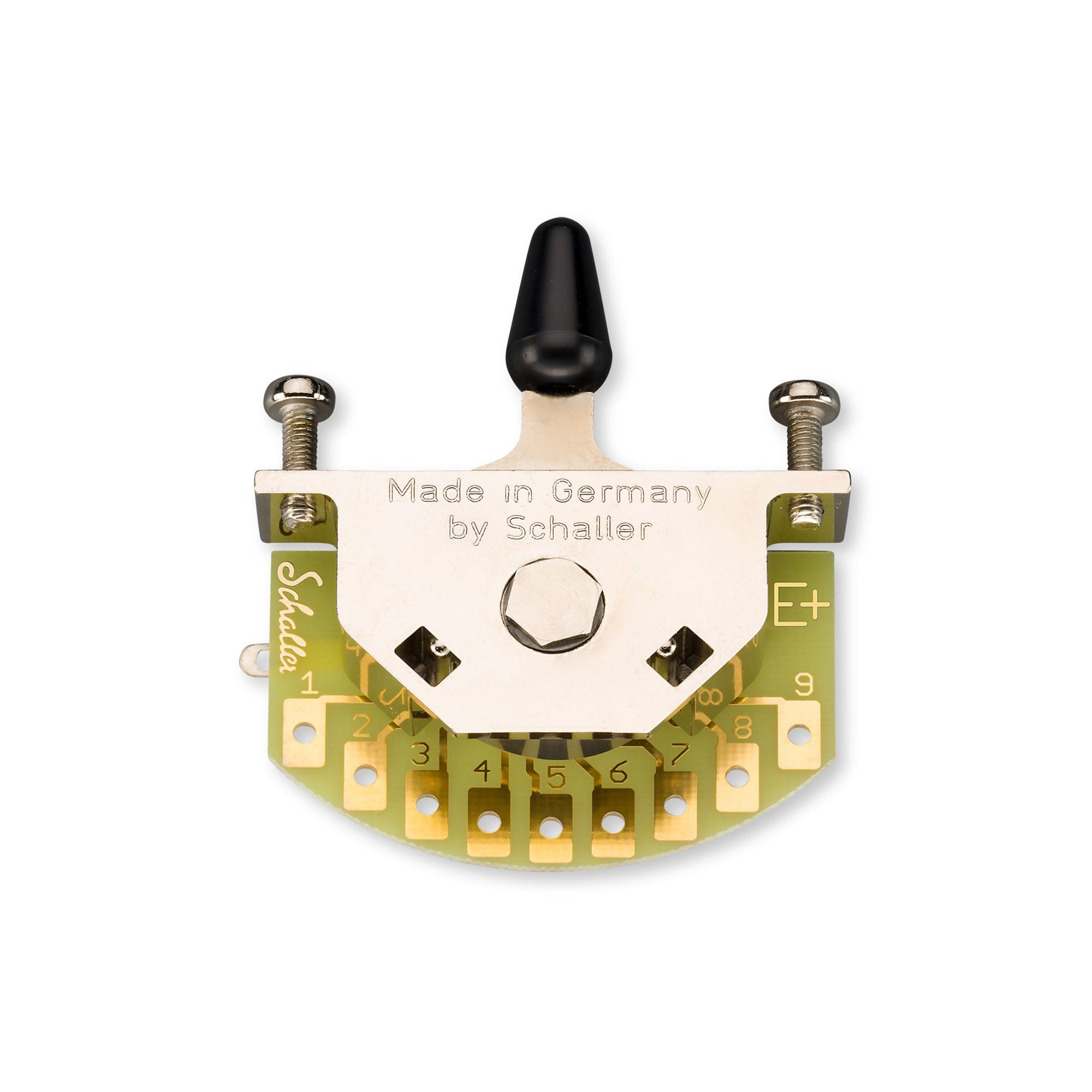 Top view of a Schaller toggle switch mounted on a semi-circular circuit board with nine solder lugs and a black lever.