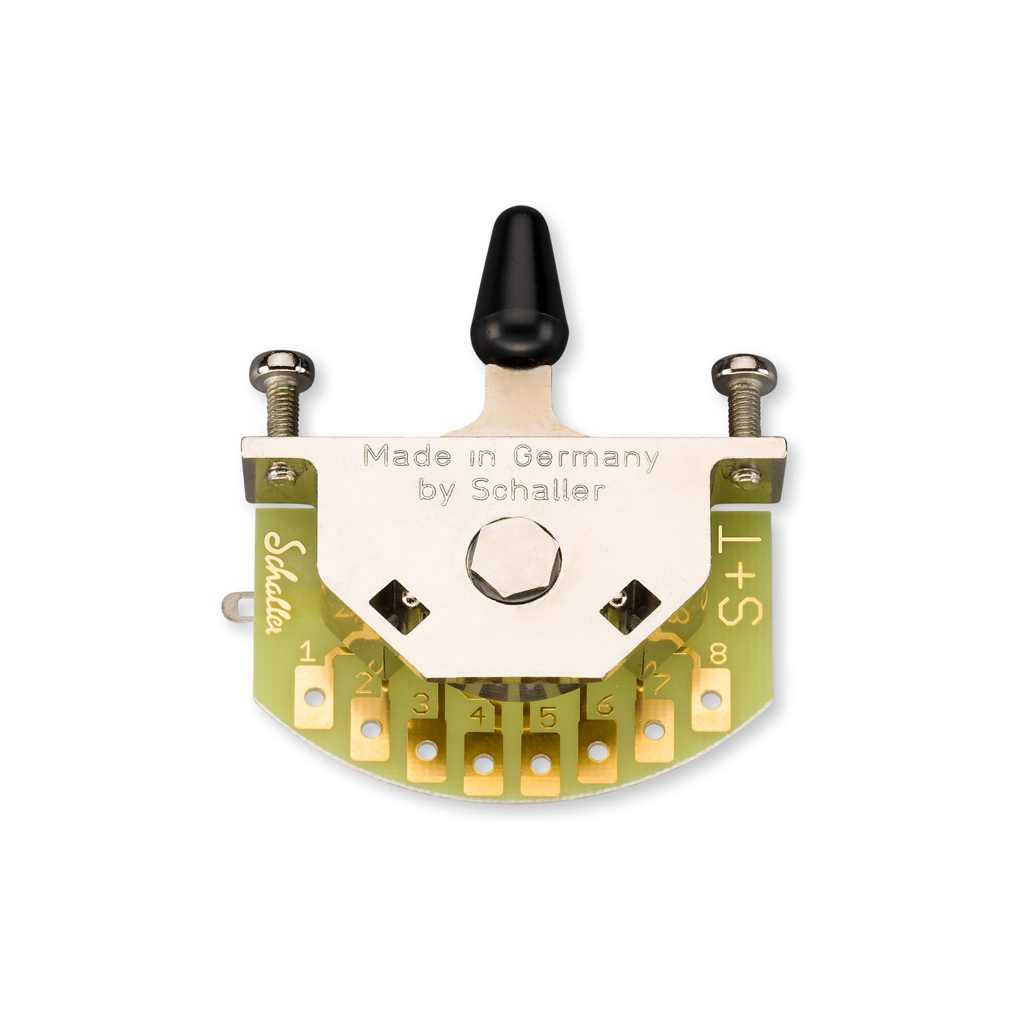 A toggle switch with eight solder lug terminals and two mounting screws on a green circuit board labeled Schaller S+T.