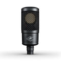 Black studio microphone with a metal mesh grille and a threaded mount on a white background.