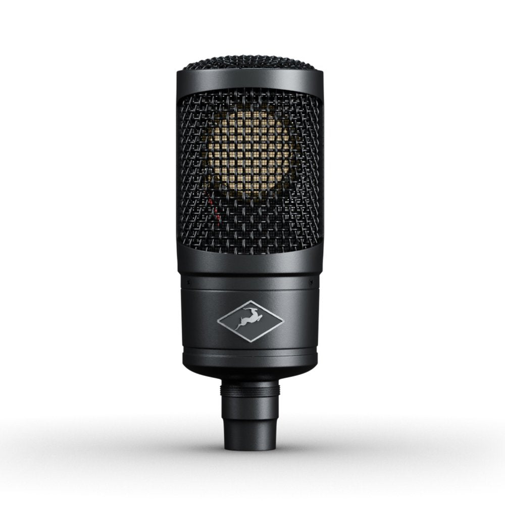 Black studio microphone with a metal mesh grille and a threaded mount on a white background.