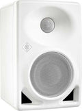 White studio monitor speaker with two front-facing metal grilles and a logo on the front panel.