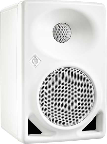 White studio monitor speaker with two front-facing metal grilles and a logo on the front panel.