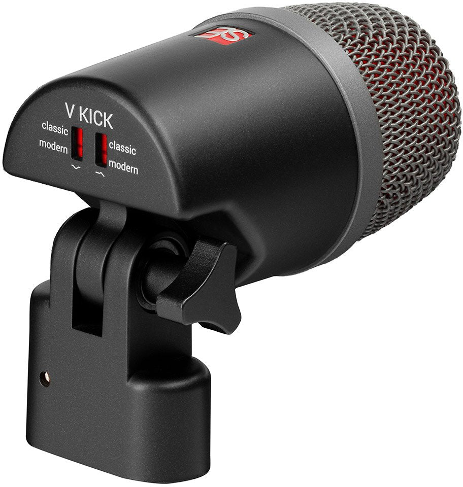 Black SE Electronics V Kick microphone with metal grille and two small switches labeled classic and modern.