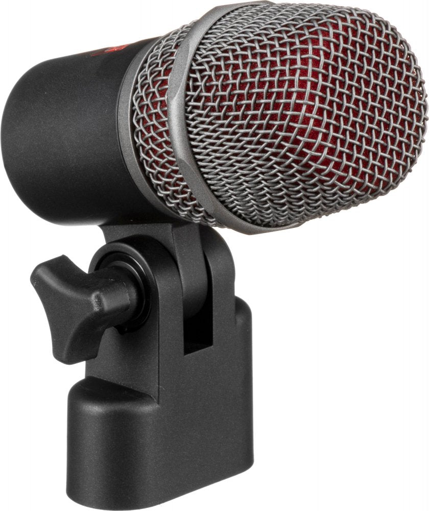 Black and red small microphone with metal grille and plastic mount shown from angled side view.