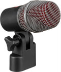 Black and red small microphone with metal grille and plastic mount shown from angled side view.