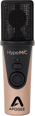 Front view of a metallic beige and black Apogee HypeMIC microphone with button, green light, and rotary dial.