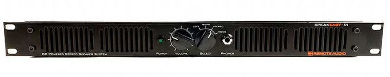 Black rackmount stereo speaker system front panel with volume and select knobs, power indicator, and headphone jack.