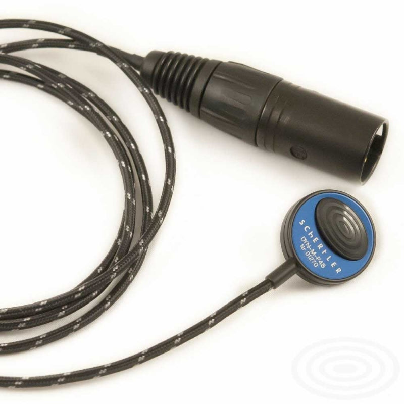 Black and blue Schertler branded pickup transducer with attached braided cable and circular connector