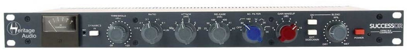 Front panel of a Heritage Audio Successor stereo MC compressor with knobs, switches, and a VU meter.