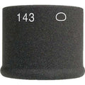 Black foam windscreen with white text '143' and a white oval symbol on it.