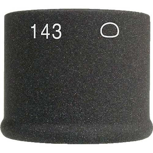 Black foam windscreen with white text '143' and a white oval symbol on it.