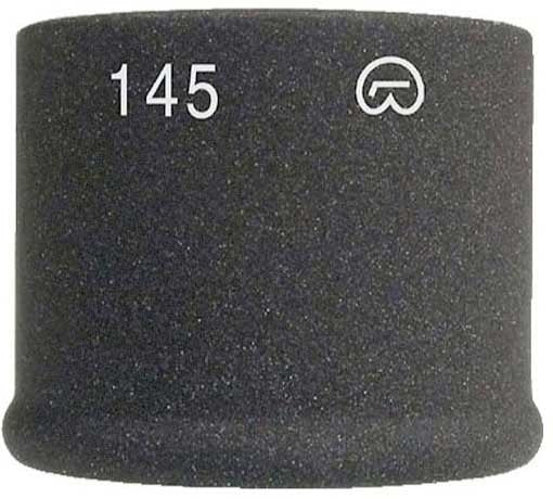 Black foam windscreen with "145" and a logo printed in white.