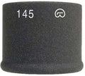 Black foam windscreen with "145" and a logo printed in white.