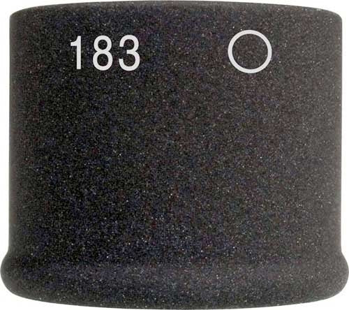 Black cylindrical foam microphone windscreen with white text '183' and a circle symbol.